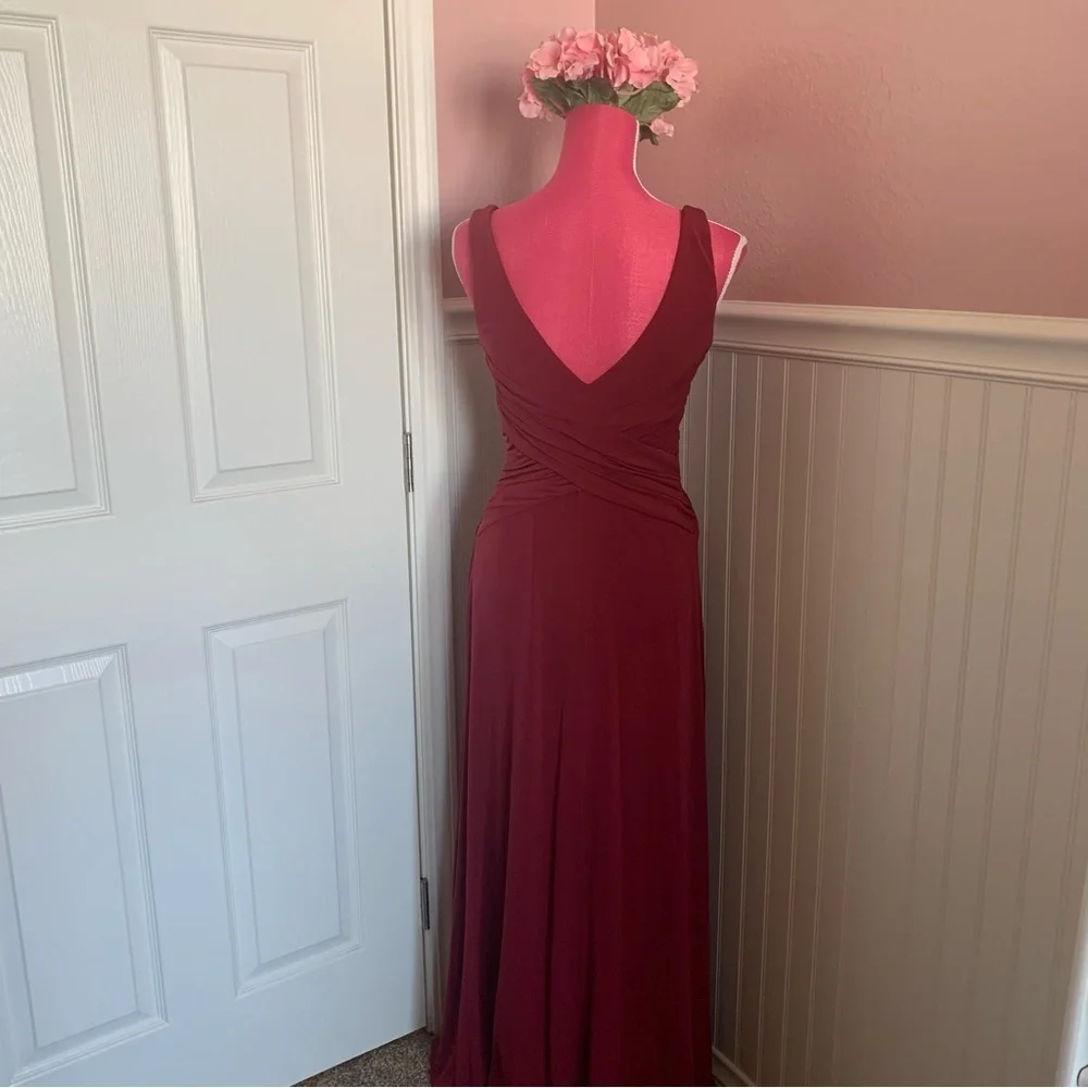 Red Stretchy Nylon Formal Gown with Gathered Waist, roughly size M - Picture 7 of 8